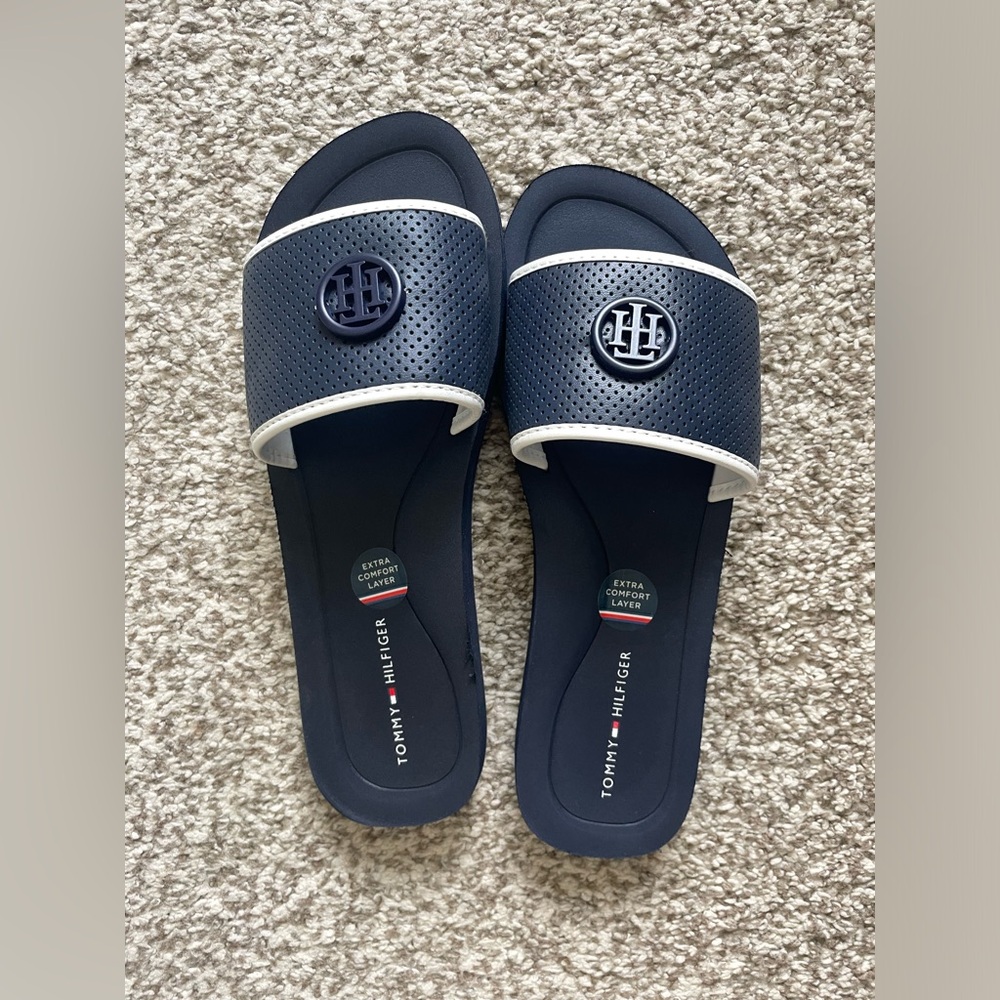 Tommy Hilfiger navy monogram logo slip on sandals